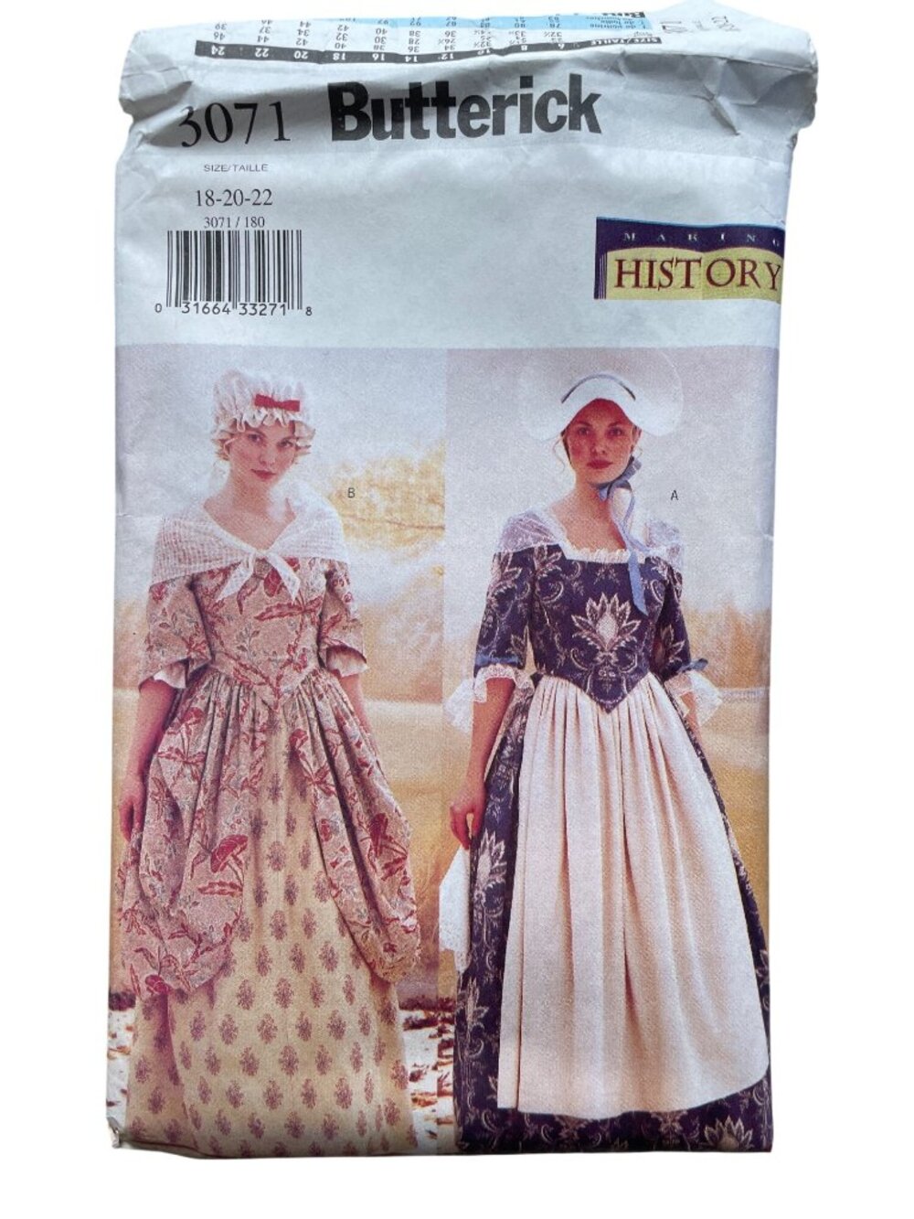 Butterick 3071 Colonial Dress Pattern Size 18-22 Historical Costume Skirt CUT